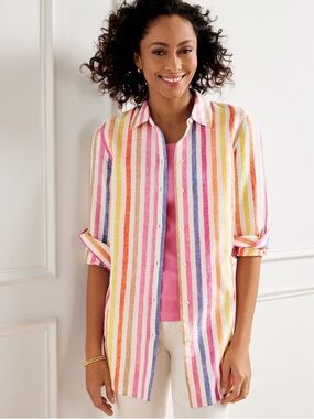 ✨Talbots Linen Rainbow Boyfriend Shirt Rockport Stripe Button Down Size SP